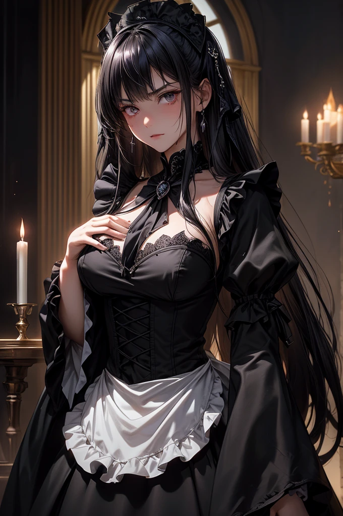 Always detailed face, Perfect lighting, Extremely detailed CG, (Perfect hands, Perfect Anatomy),Very detailed,　Long Hair Straight Hair、Dark Gothic Makeup、Dark smile、Restless Palace、Expression of sexual arousal、The beauty of fragrance、22 years old、liar、charm、Embarrassed look、Dark Gothic、Maid clothes、Bell Sleeves、Wizard Sleeve、Obscene language、Stained Glass Background、Tabletop、Highest quality、Sweat glistens on my chest、Drunk face、Maid clothes不思議な、Noble、Gothic Fashion、The body is wet and shiny、I&#39;m sweating a lot、Large Breast Size、Loving smile、Twin tail hair、Platinum Blonde Hair、Jet black frill skirt、Shadow、Gothic bed covered with roses、Transcendental Enchantment is temporarily disabled、A pause in crawling、charm的な脚、Knee-high socks、Thigh-high socks、lace trim bra, lace trim panties, Pink Lingerie, Lace-trimmed legwear, Black lace, Side tie panties, satin panties, garter belt, Good elevator, 　The whole body is covered in oil and has a glossy appearance.　Steam is coming out of my whole body　Steam like a sauna room fills the screen..　White breath from the mouth