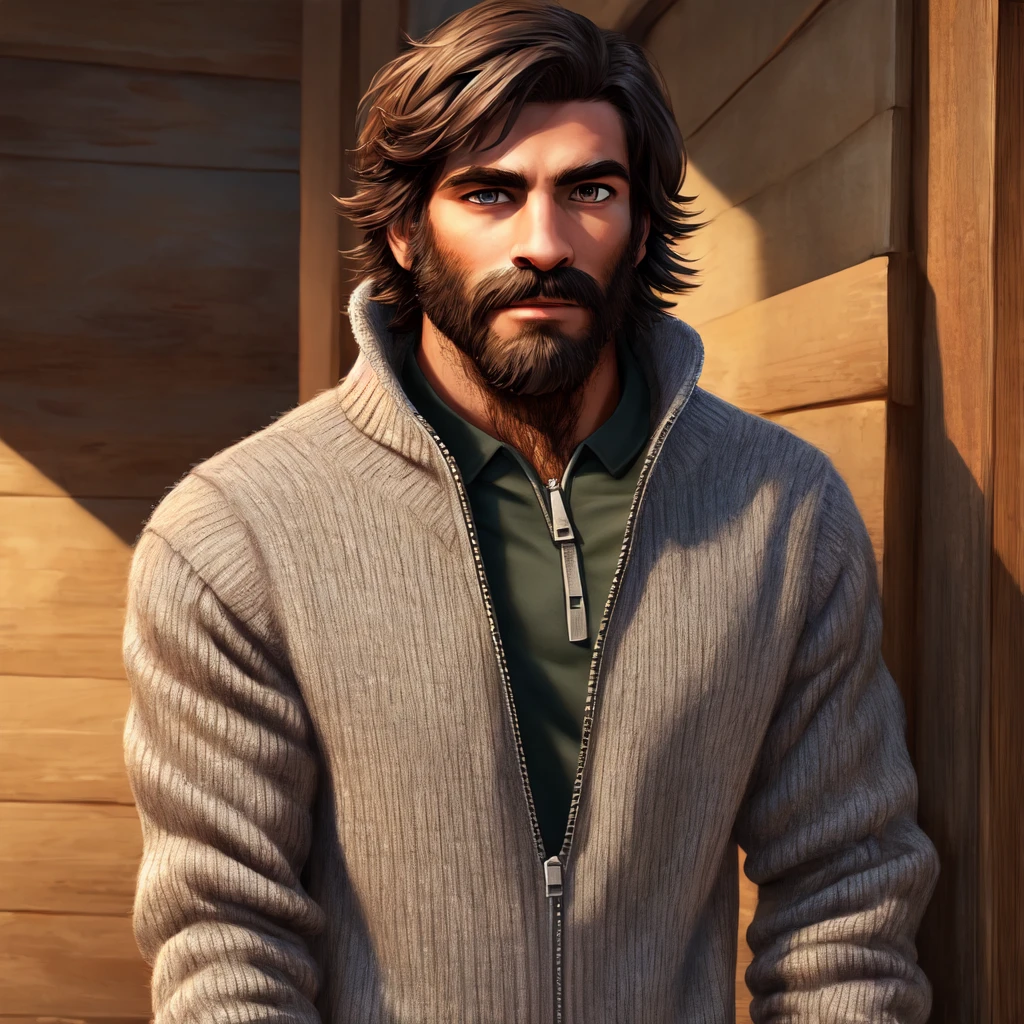 ((best quality)), ((masterpiece)), (detailed), a hairy man, short hair, gray sweater with open zip,