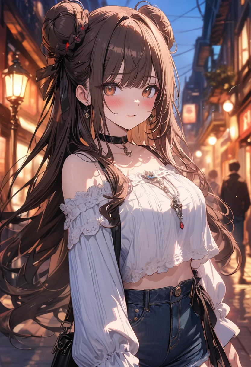 (masterpiece), best quality, very aesthetic, newest, absurdres, detailed, high quality
BREAK
highest quality, top quality, details, highres, ultra fine painting, digital art, official art, cinematic, 4k, 8k resolution, 8K CG wallpaper, CG, original artwork, detailed background, colorful background, blue atmosphere, High Dynamic Range, blurry background, blue hour, Starburst effects, crepuscular rays, good ISO, high resolution, wide shot, from far away, RAW photo, POV, sharp focus, light reflection, reflections, intricate details, soft light, particle noise, professional photography, bokeh, depth of field, natural lighting, vibrant colors, looking away, detailed lights and shadows, stylish, ultra-detailed, top rated on Pixiv, trending on Artstation, niji style, modern-days, master crafted, pose
BREAK
solo, (close up), 1girl, pale skin, correct fingers, detailed hand, (big breasts:1.2), big thighs, small torso, short body, flushtered, shy, blush, anxious expression, embarassed, embarassed act, casual, slim, ((cute, childlike face):1.3), nice hips, nice body, brown hair, (very long flowing hair), (big 2 buns hairstyle)), long bangs, long hair, middle hair bangs, brown eyes
BREAK
(loose-fitting crop shirt, long sleeve, denim shorts, choker, casual wear style, tummy skin, modern fashion)
BREAK
Empty streets background, anime background, quiet street, street lamps, sky