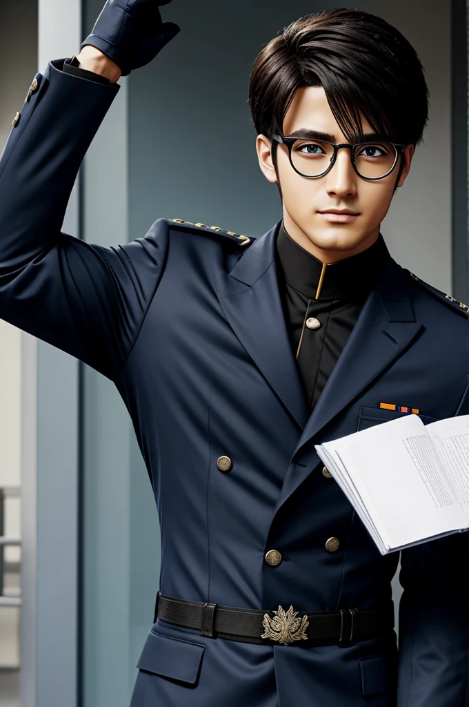 Male anime character in german-turkish dark navy blue army suit with eyeglasses 