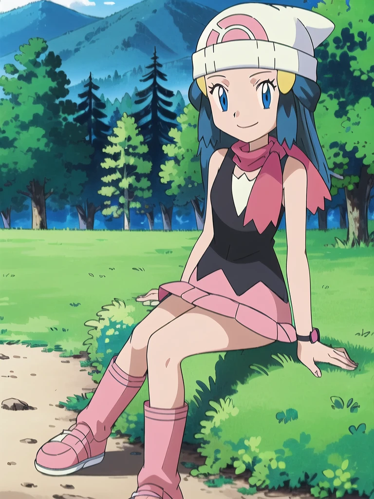 masterpiece, best quality, 1girl, dawn \(pokemon\), beanie, long hair, blue hair, blue eyes, black sleeveless shirt, pink scarf, pink skirt, pink boots, smile, looking at viewer, forest background