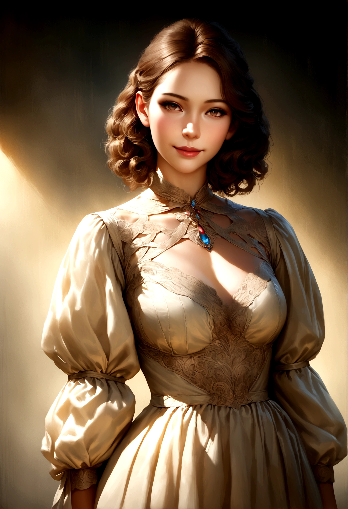 a beautiful woman in her 30s with curly brown hair, wearing a vintage dress, against a neutral background, with a gentle smile and kind eyes, highly detailed, photorealistic, 8k, masterpiece, (best quality:1.2), (realistic:1.37), HDR, studio lighting, vivid colors, cinematic lighting, intricate details, elegant, graceful, serene