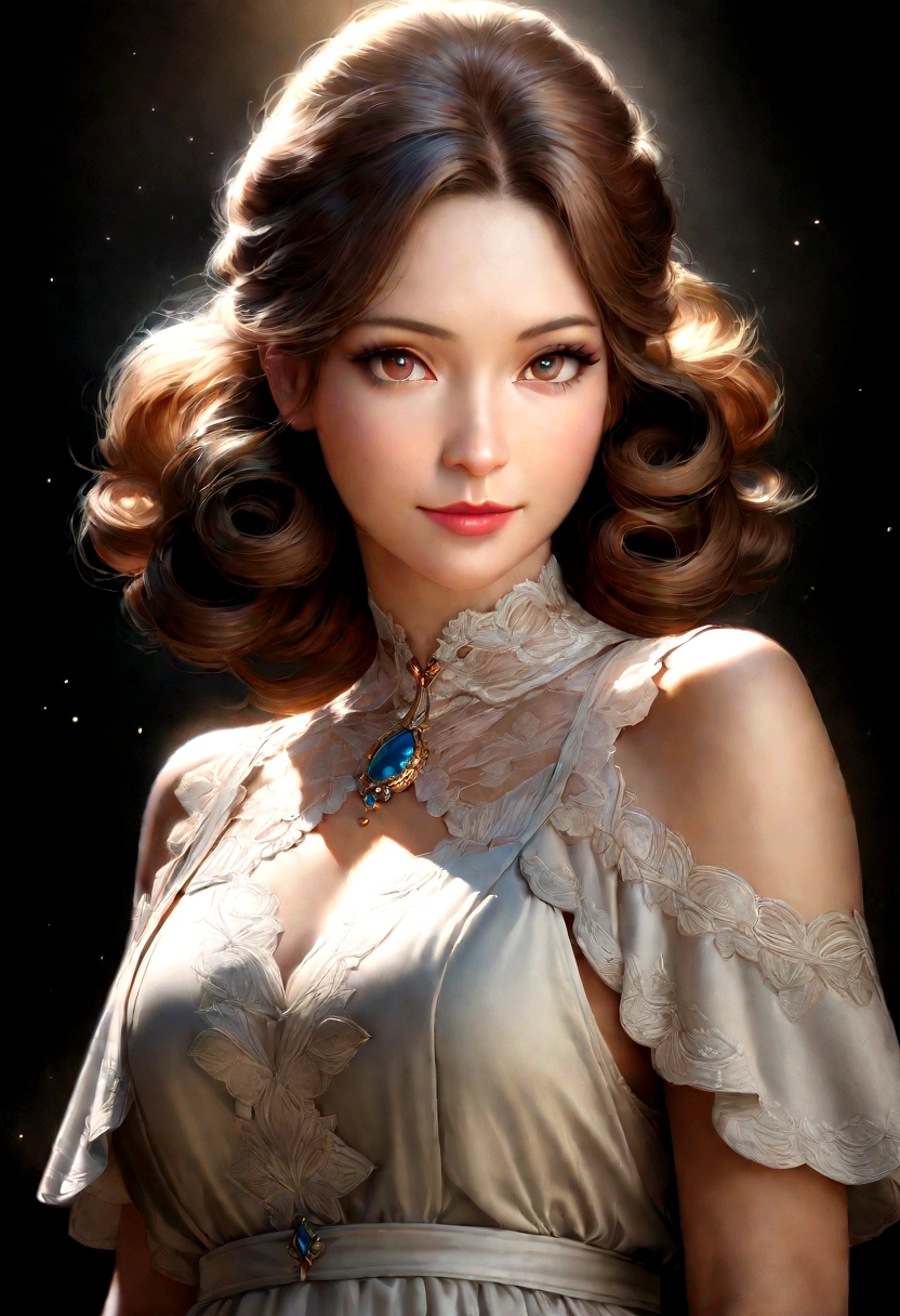 a beautiful woman in her 30s with curly brown hair, wearing a vintage dress, against a neutral background, with a gentle smile and kind eyes, highly detailed, photorealistic, 8k, masterpiece, (best quality:1.2), (realistic:1.37), HDR, studio lighting, vivid colors, cinematic lighting, intricate details, elegant, graceful, serene