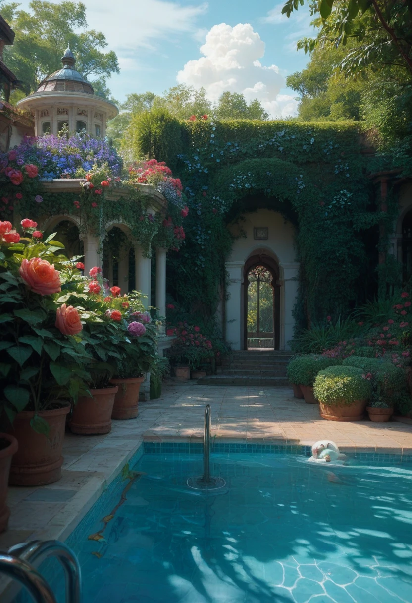 in a beautiful garden, or near a swimming pool, whether exotic