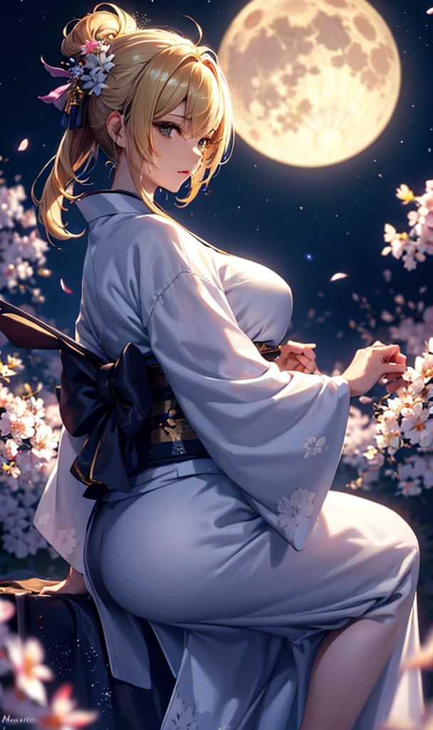 masterpiece, high quality, 4K, Beautiful design, silhouette,blonde, 非常に詳細な夜のStarry Sky,Flower Field, wonderful, Finer details, Very knowledgeable woman, Highly detailed solo, 1 female,Big Breasts,Big Ass,Underwear Line,Yukata in white color,Night view,Starry Sky,full moon,
