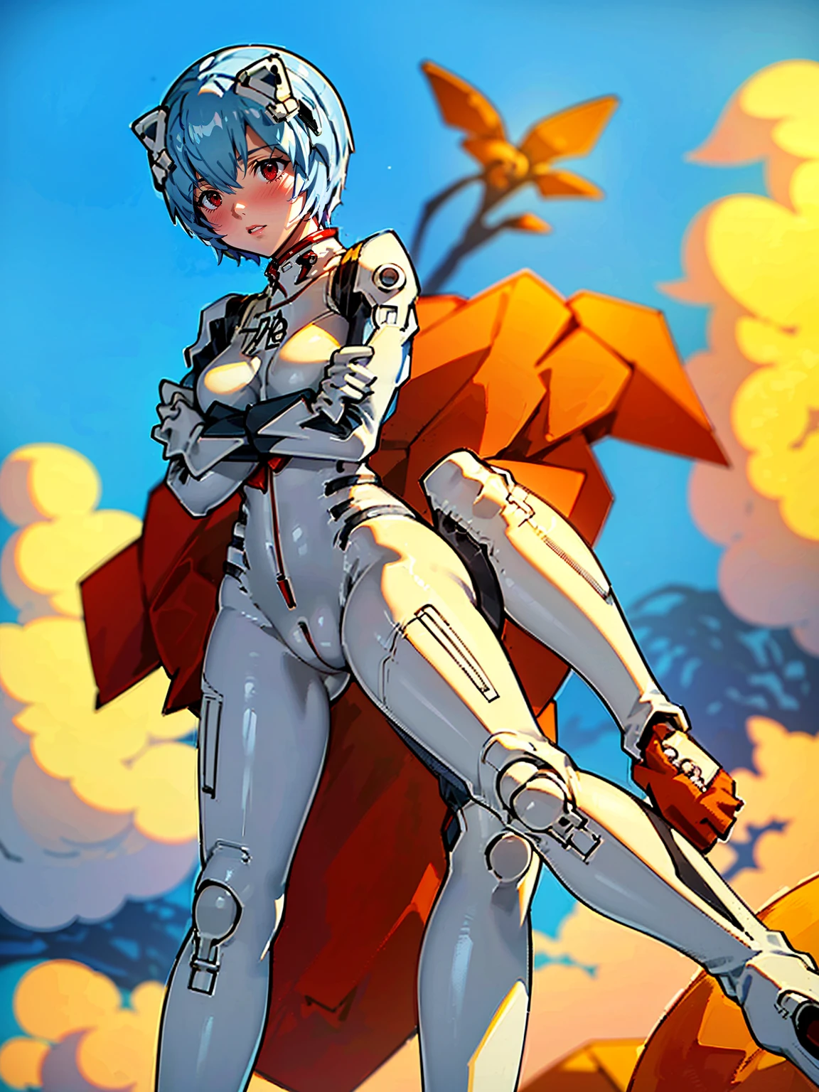 ((Highest quality, 8k wallpaper)),(masterpiece, Highest quality),Very detailed,High resolution,(Official Art:1.3),(((Anime screenshots,Black outline))),One girl,alone, Break mer1,(Rei Ayanami {Neon Genesis Evangelion,}1.2),masterpiece, best quality, outdoor, 1girl, Solo,red eyes,short hair,blue hair, (White plug suit:1.4), skin tight, (((fighting stance, knees together feet apart, leaning forward, holding own arms, bent legs:1.3))),(((独奏, cowboy shot:1.7))),
