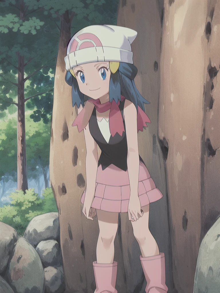 masterpiece, best quality, 1girl, dawn \(pokemon\), beanie, long hair, blue hair, blue eyes, black sleeveless shirt, pink scarf, pink skirt, pink boots, smile, looking at viewer, forest background