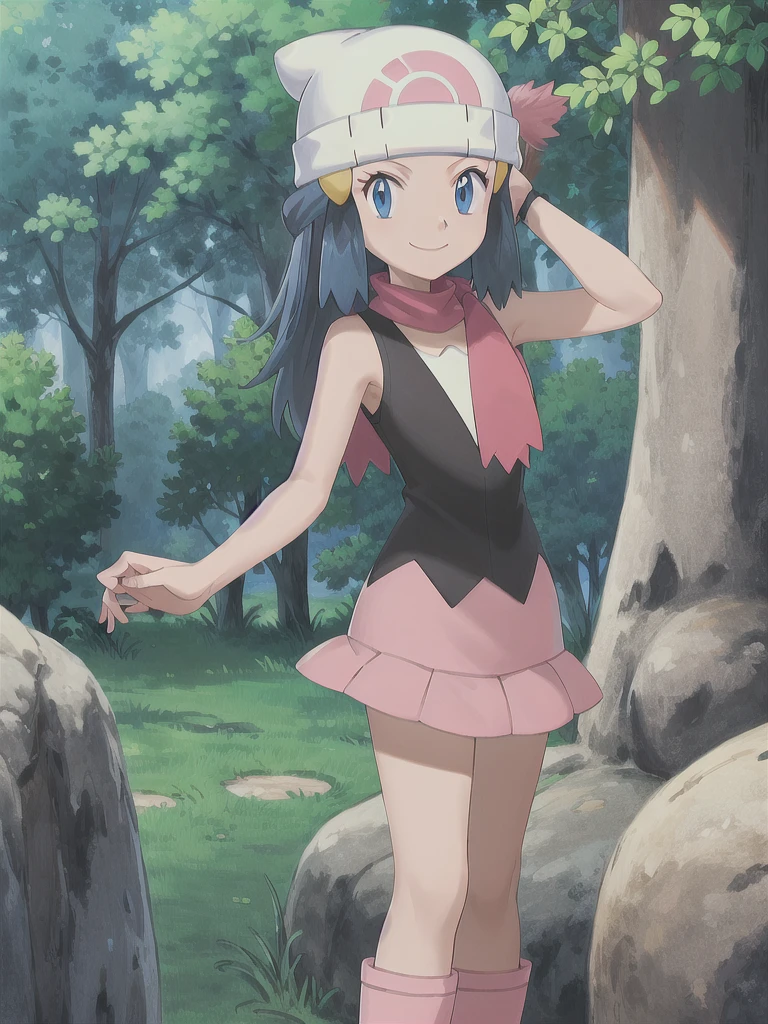 masterpiece, best quality, 1girl, dawn \(pokemon\), beanie, long hair, blue hair, blue eyes, black sleeveless shirt, pink scarf, pink skirt, pink boots, smile, looking at viewer, forest background