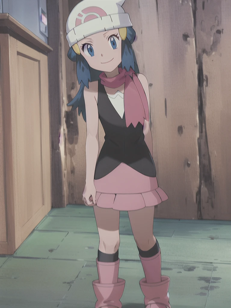 masterpiece, best quality, 1girl, dawn \(pokemon\), beanie, long hair, blue hair, blue eyes, black sleeveless shirt, pink scarf, pink skirt, pink boots, smile, looking at viewer, forest background