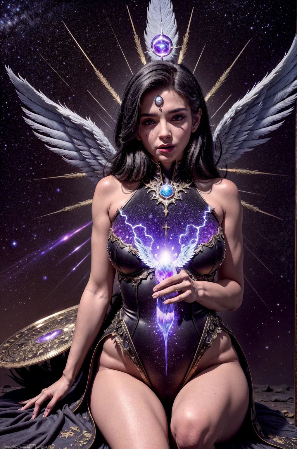 (Masterpiece), (Best Quality: 1.4), absurdities, [:intricate details:0.2],witch, angel wings, milky way, sky, bright aura, intense focus, crackling energy, mysterious symbols, bright specks,Paticulas,many details