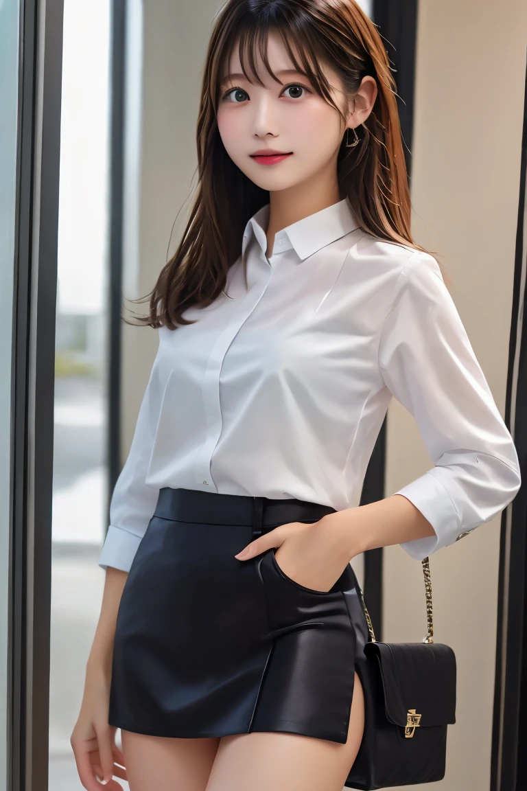 Highest quality, (beautiful)、White Business Shirt、Black Mini Tight Skirt