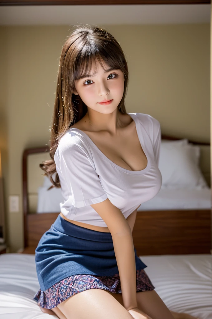 Highest quality, figure, Very detailed, Fine details, High resolution, 8K,wallpaper, (Detailed high quality, Realistic depiction of eyes,cute,Kind eyes,Childish:1.2), (Perfect plain T-shirt:1.2, Tight mini skirt),Large Breasts:0.8 Big Natural Color Lip, Bold sexy pose, ((()))、(cuteタイプ、Lolita)、Beautifuet, Hotel Rooms, Gravure idol pose, (Woman standing on top, Straddle, sit)