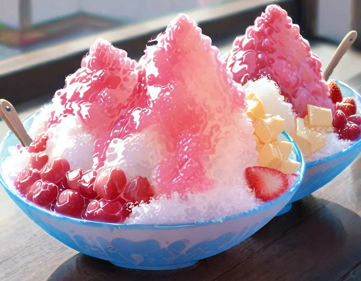 Shaved ice in a glass bowl、Strawberry Shaved Ice、Vanilla ice、Two  sisters stuff their mouths with wooden spoons