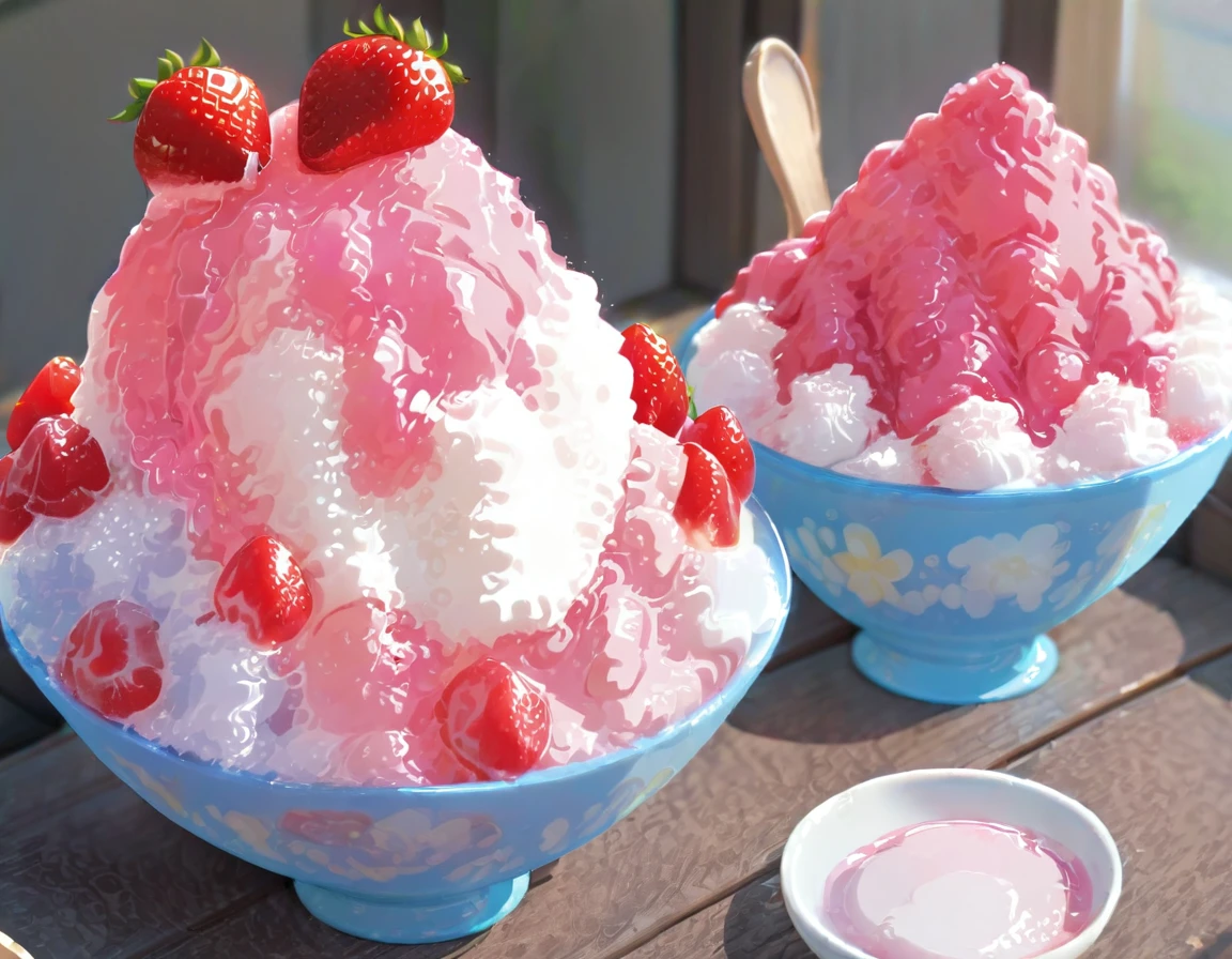 Shaved ice in a glass bowl、Strawberry Shaved Ice、Vanilla ice、Two little sisters stuff their mouths with wooden spoons