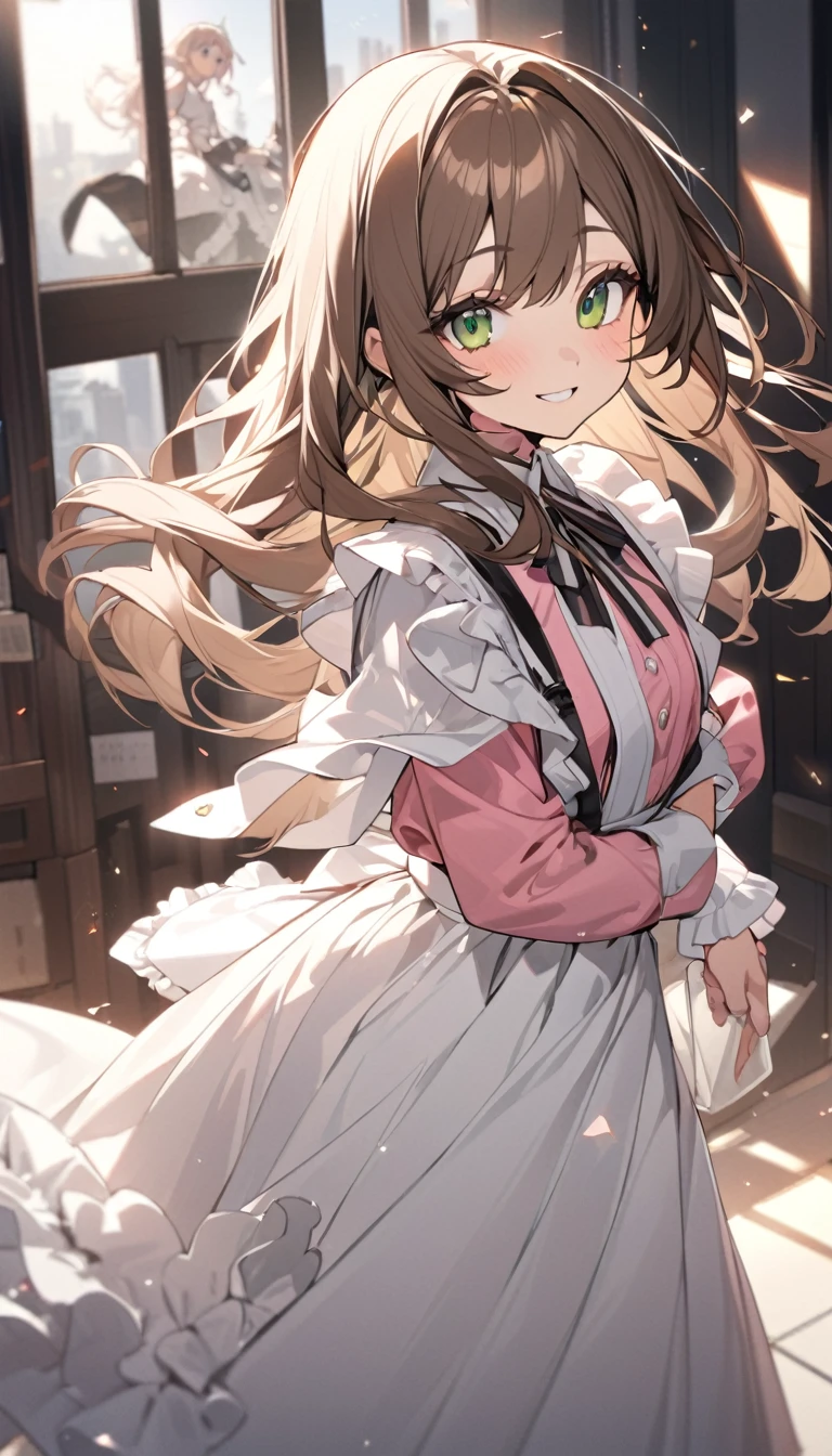 best quality, super fine, 16k, 2.5D, delicate and dynamic depiction, Isabella, cute girl with young face, estimated to be 25 years old, brown hair, big green eyes, pink shirt with white frills on the shoulders and neck, ivory ruffled long skirt, cute white apron, always smiling, ANIME The Misfit of Demon King Academy