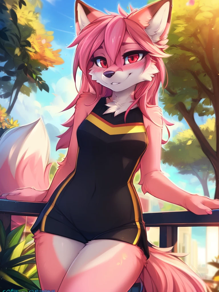 from Kenketa, Ross Tran, Ruan Jia, mumps, Foxovh, от zackary911, от Hyattlen, on a terrace, by Fumiko, от Pixelsketcher, by Bayard Wu, Thomas Benjamin Kennington, from Einshelm, from Kilina, by Coffeesoda, from Hyoshiru, from down-kevlar, от r-mk, by Dimwitdog, fluffy, Nazuna_hiwatasi, antro, Female, One, standing, mocking look, (half-closed eyes), pink hair, pink tail, (sportswear), (Red eyes), I look at the viewer, (Medium breasts, hips), (Fox), sunny day, (public park), (pink body, two-tone fur), (blushing, you're sweating), (hair in a ponytail), (Older), (((sheer thong:1.4))), pussy, sutiã esportivo, short esportivo