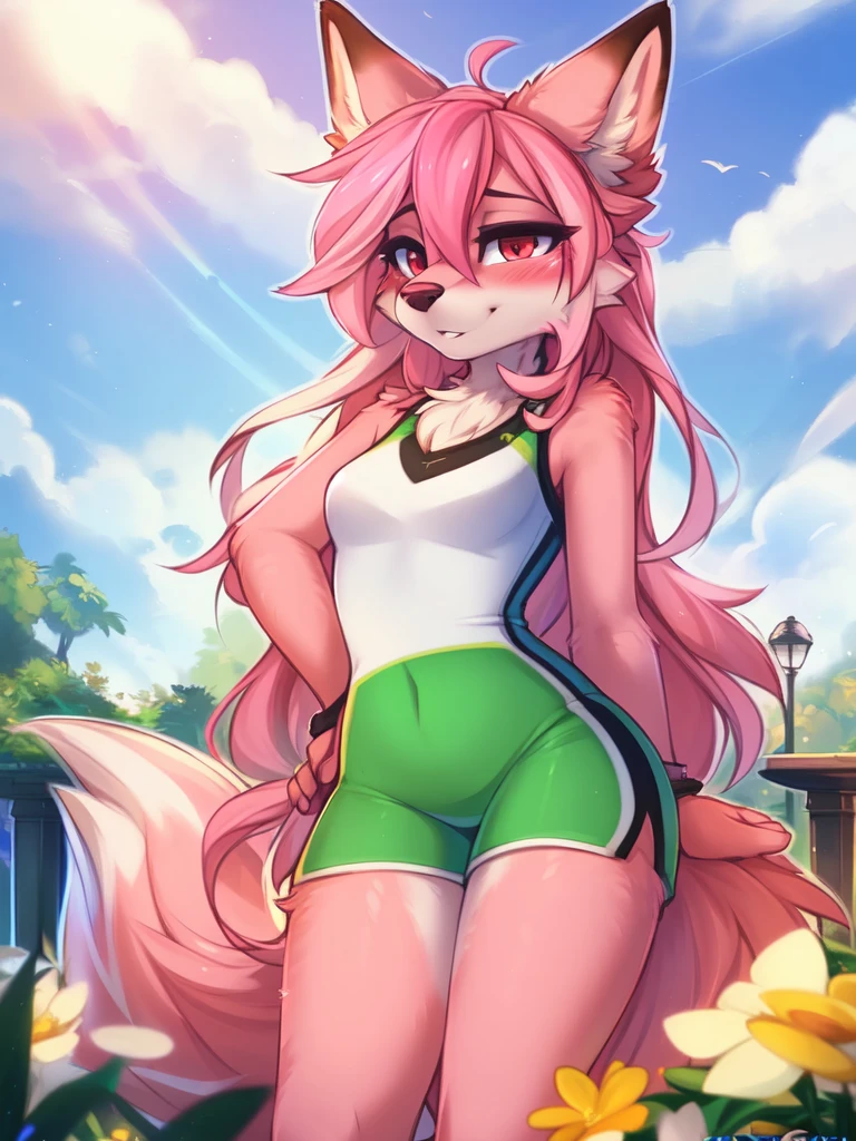 from Kenketa, Ross Tran, Ruan Jia, mumps, Foxovh, от zackary911, от Hyattlen, on a terrace, by Fumiko, от Pixelsketcher, by Bayard Wu, Thomas Benjamin Kennington, from Einshelm, from Kilina, by Coffeesoda, from Hyoshiru, from down-kevlar, от r-mk, by Dimwitdog, fluffy, Nazuna_hiwatasi, antro, Female, One, standing, mocking look, (half-closed eyes), pink hair, pink tail, (sportswear), (Red eyes), I look at the viewer, (Medium breasts, hips), (Fox), sunny day, (public park), (pink body, two-tone fur), (blushing, you're sweating), (hair in a ponytail), (Older), (((sheer thong:1.4))), pussy, sutiã esportivo, short esportivo