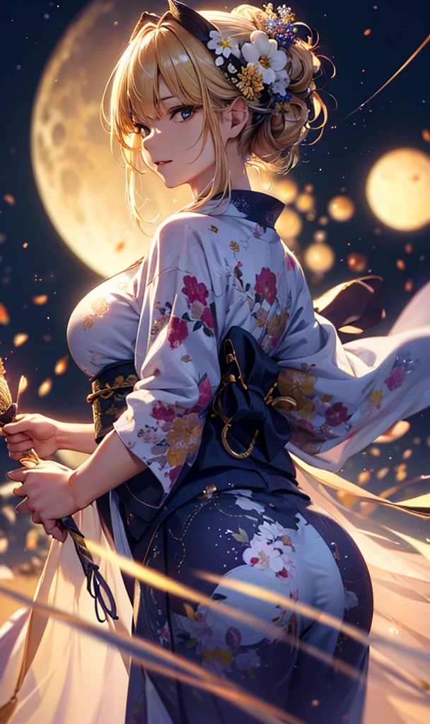 masterpiece, high quality, 4K, Beautiful design, silhouette，blonde， 非常に詳細な夜のStarry Sky,Flower Field， wonderful, Finer details,  Very knowledgeable woman, Highly detailed solo, 1 female,Big Breasts，Big Ass，Underwear Line，Yukata in white color，Night view，Starry Sky，full moon，