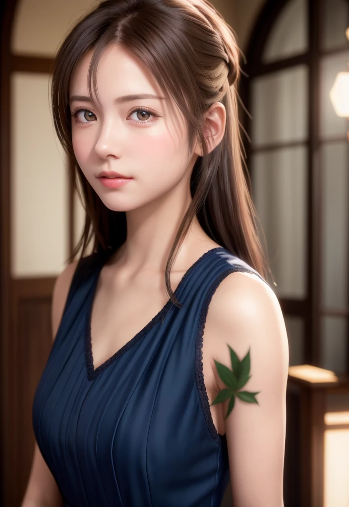 8K, of the highest quality, masutepiece:1.2), (Realistic, Photorealsitic:1.37), of the highest quality, masutepiece, Beautiful young woman, Pensive expression,、A charming、and an inviting look, Cute Maid Clothes, Hair tied back, Cinematic background, Light skin tone