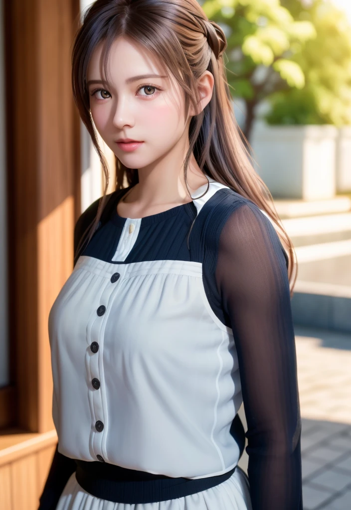 8K, of the highest quality, masutepiece:1.2), (Realistic, Photorealsitic:1.37), of the highest quality, masutepiece, Beautiful young woman, Pensive expression,、A charming、and an inviting look, Cute Maid Clothes, Hair tied back, Cinematic background, Light skin tone