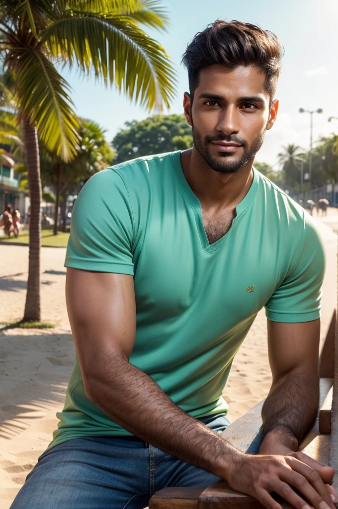 Create a realistic image of a Brazilian man, around 30 years old. Ensure the image has the following qualities: Highly detailed and lifelike features, rich and natural skin tones, dark slightly wavy hair, well-groomed beard (optional, but if included, ensure it's neat), wearing casual yet stylish clothing suitable for warm weather, a friendly and confident expression, background showing a sunny outdoor Brazilian setting (like a street, park, or beach). (realistic, 4K, photorealistic, high resolution, lifelike, detailed, natural lighting, warm tones, Brazilian man, 30 years old, outdoor setting)