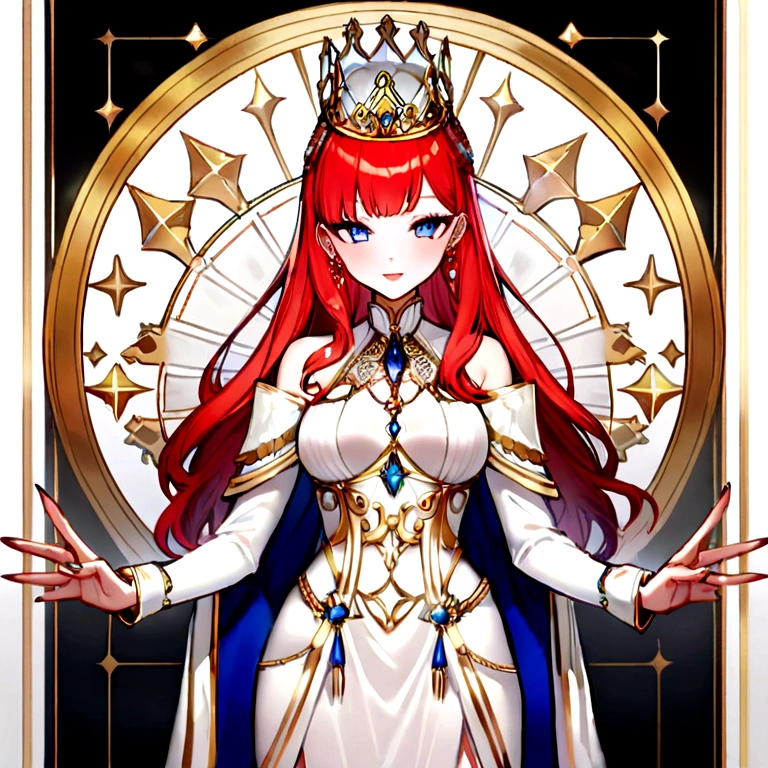 create a redhead hot queen with big in a white dress with blue details and a white crown with small diamonds. İcon