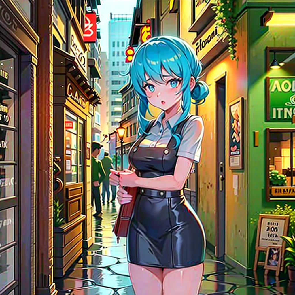 Photo of a café, wet street, buildings, busy street, cicle, junk, nostalgia, ultra quality, hyper detailled, and a girl holding a boy, Rain and thunder