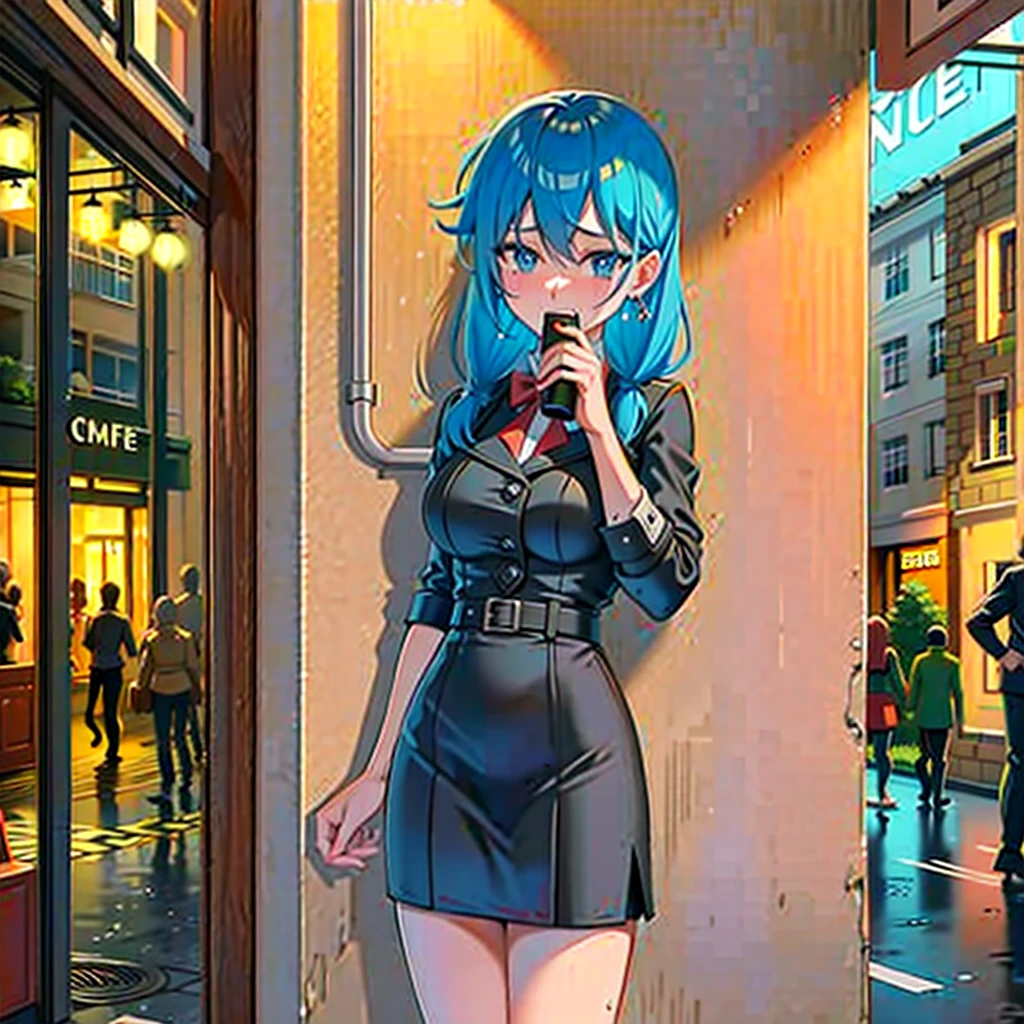 Photo of a café, wet street, buildings, busy street, cicle, junk, nostalgia, ultra quality, hyper detailled, and a girl holding a boy, Rain and thunder