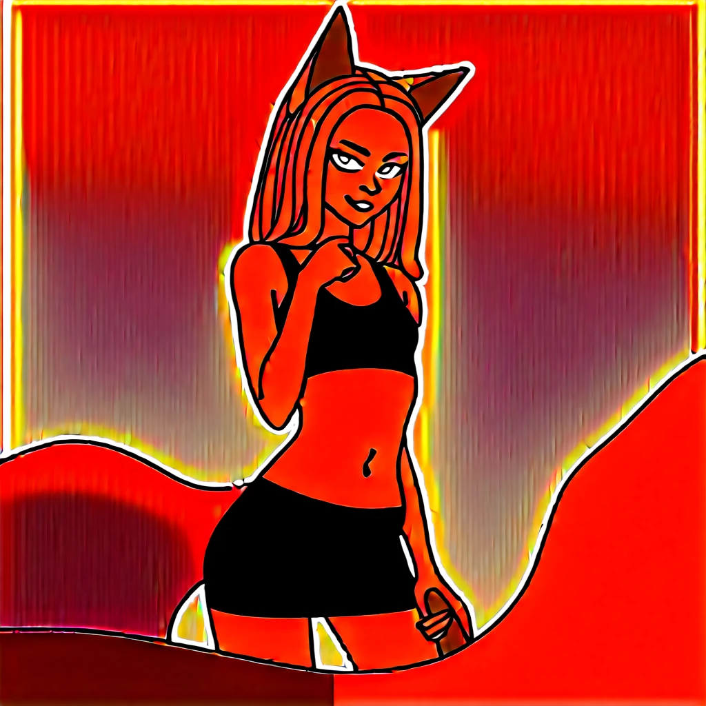 Excited expression, 1girl, anthro, furry, fur, fluffy fur, fox girl, yellow hair (orange highlights), black sclera, yellow eyes, glowing eyes, long hair, Messy hair, (19 years), medium breast, thighs, solo, (futuristic bedroom), neon lights, detailed, white bikini (striped bikini), black shorts, white fishnet stockings, white fishnet armwear, wide smile (closed mouth), looking at the viewer, blush, (robot), score_9, score_8_up, score_7_up, score_6_up, score_5_up, score_4_up