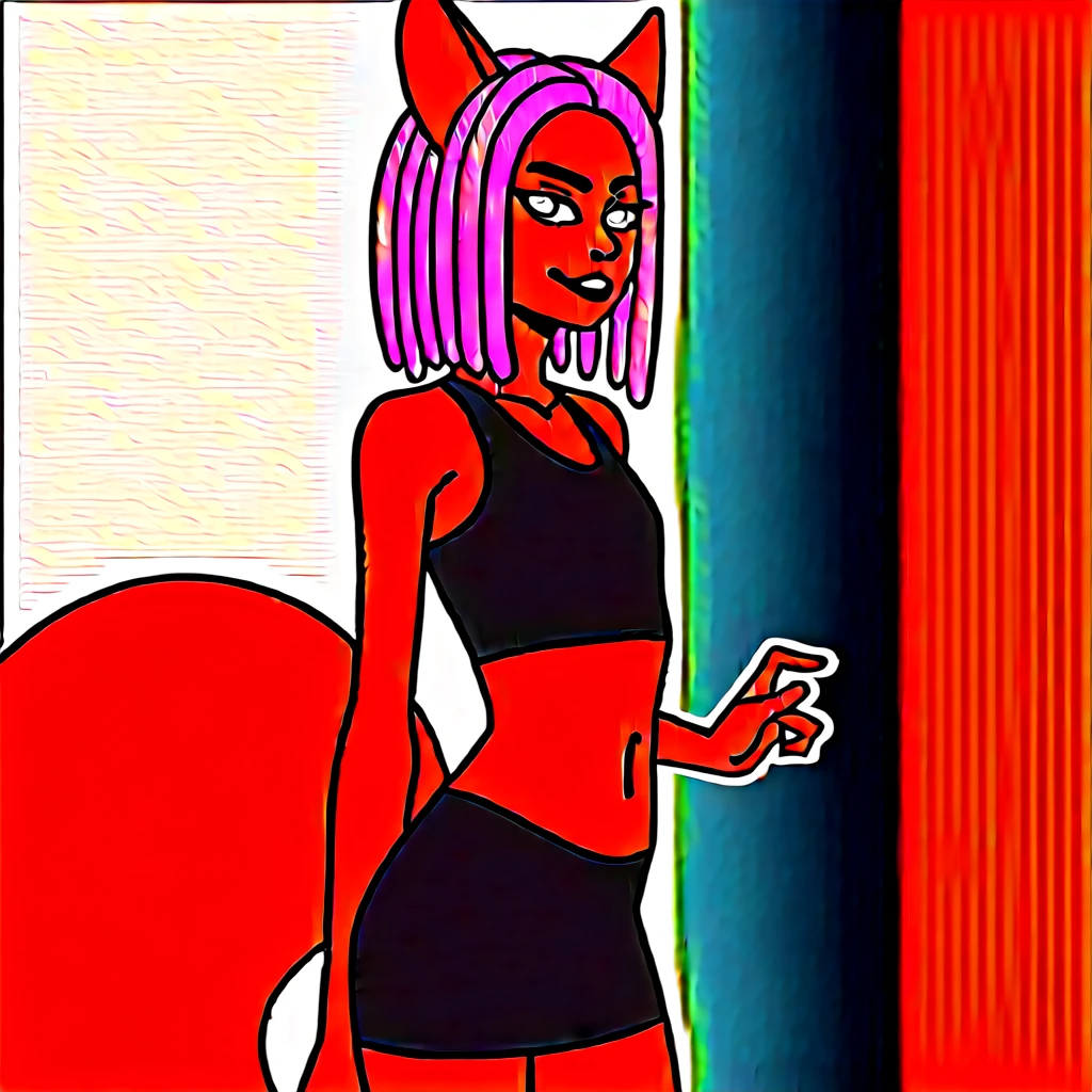 Best quality, highly detailed, ultra detailed, 1 brown skin boy, flat chest, male chest, slim curvy body, long pink dreadlocks, pink dreadlocks, pink eyes, kitsune, fox ears, fox tail, sharp nails, black lipgloss, goth, wearing black croptop, black skirt, giving handjob to victim, living room background scene,