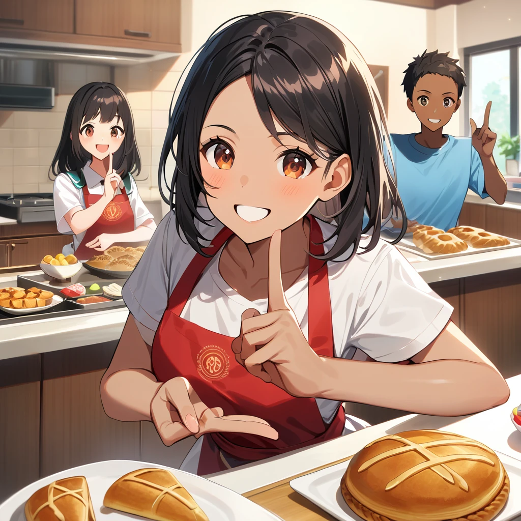 A confident smile, Home kitchen with large windows,Smiling children and their mothers,短いBlack Hair, Brown eyes,Brown Skin,When two students are talking、He is making a gesture that resembles a peace sign. (Tele from the restaurant), skirt, Black Hair, indoor, Making pastries and pies, shirt, ((((Complete faithful finger))))