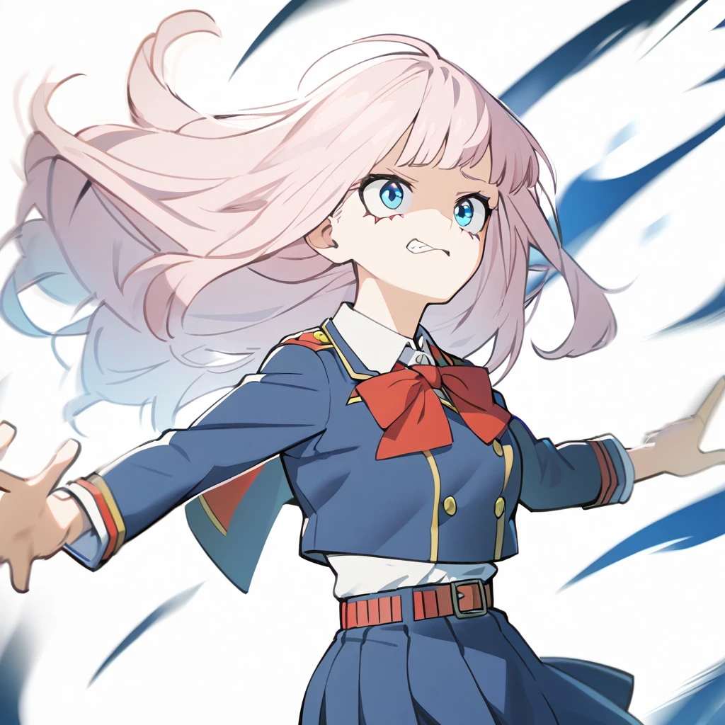 1 girl in the style of Boku no Hero, light pink hair, long hair, hair with blue tips, clear blue eyes, schoolar uniform, White background,half smile, tilted face,dynamic pose 