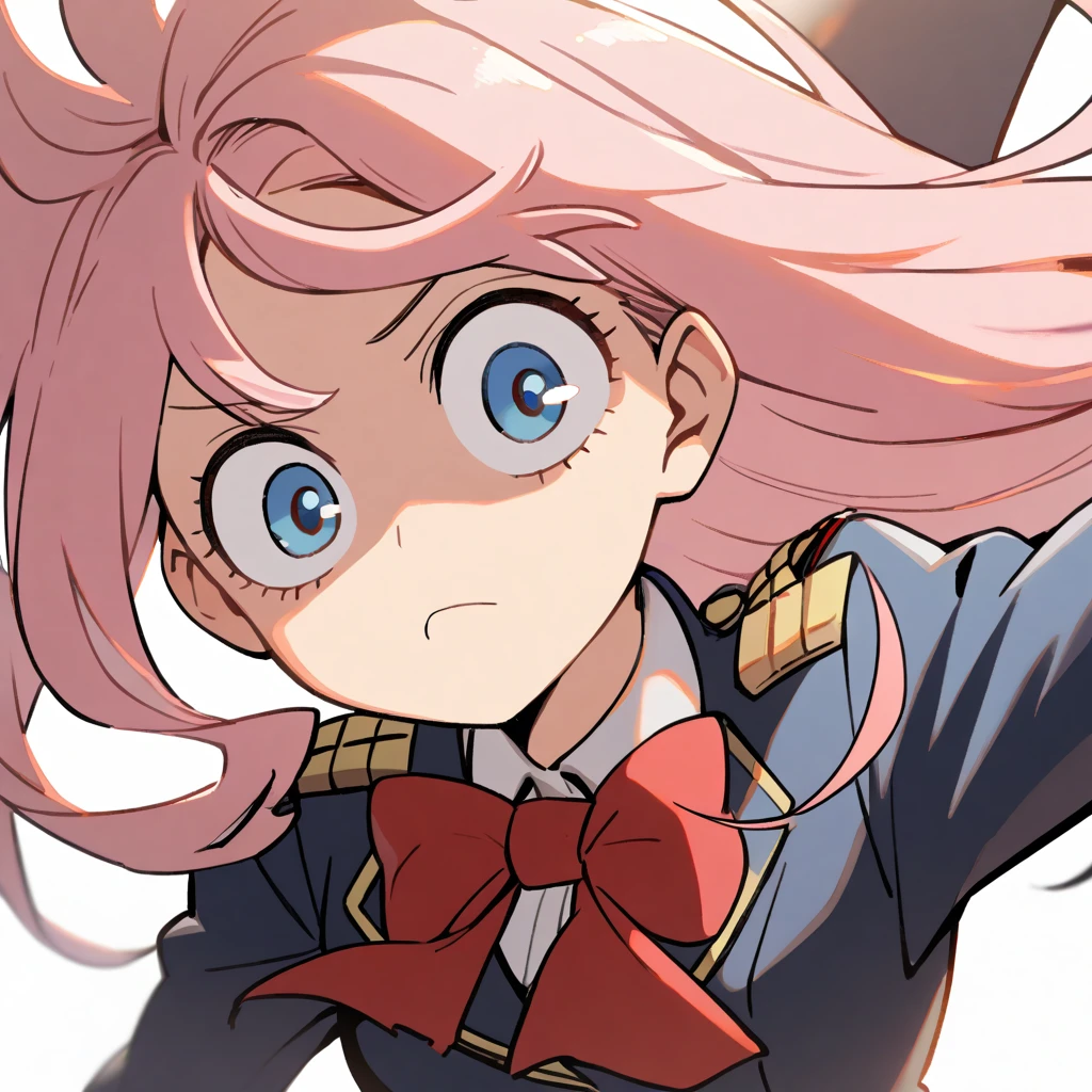 1 girl in the style of Boku no Hero, light pink hair, long hair, hair with blue tips, clear blue eyes, schoolar uniform, White background,half smile, tilted face,dynamic pose 