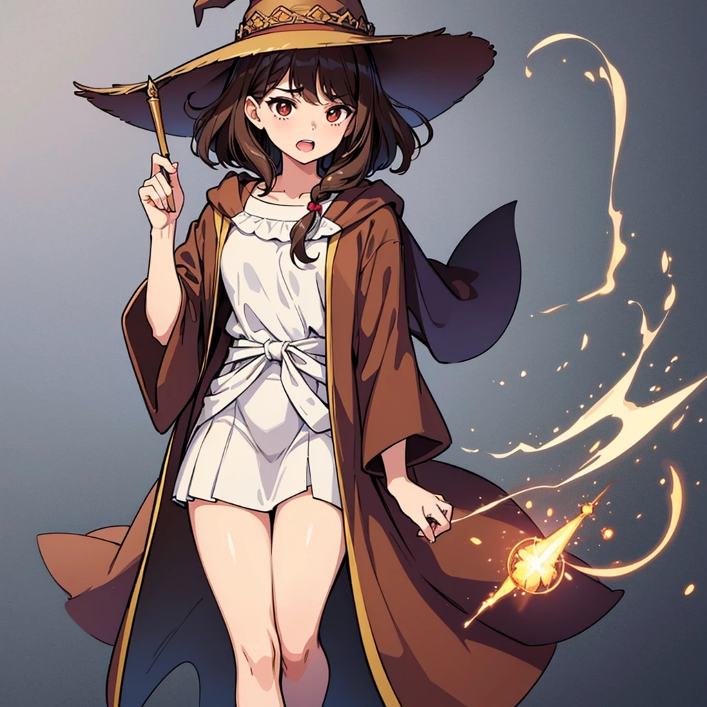 (((Solo)))、Highest quality, Best Quality,Best illustrations、(Brown Hair、Short Perm Hair、Wavy Hair、Short bangs、Align your bangs)、(Witch Hat、Brown simple robe)、(Magic wand)、(The magic of light、Use magic)、(White background)、(Mature 50 Year Old、Adult women、Red eyeshadow)、(Full body character concept、detailed)、(Full body character concept)、Run、(get annoyed、Open your mouth)