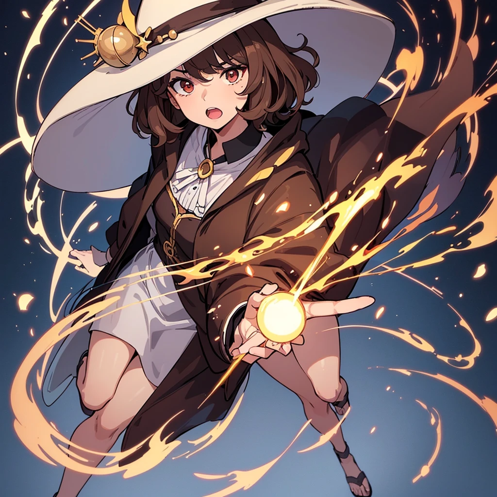 (((Solo)))、Highest quality, Best Quality,Best illustrations、(Brown Hair、Short Perm Hair、Wavy Hair、Short bangs、Align your bangs)、(Witch Hat、Brown simple robe)、(Magic wand)、(The magic of light、Use magic)、(White background)、(Mature 50 Year Old、Adult women、Red eyeshadow)、(Full body character concept、detailed)、(Full body character concept)、Run、(get annoyed、Open your mouth)