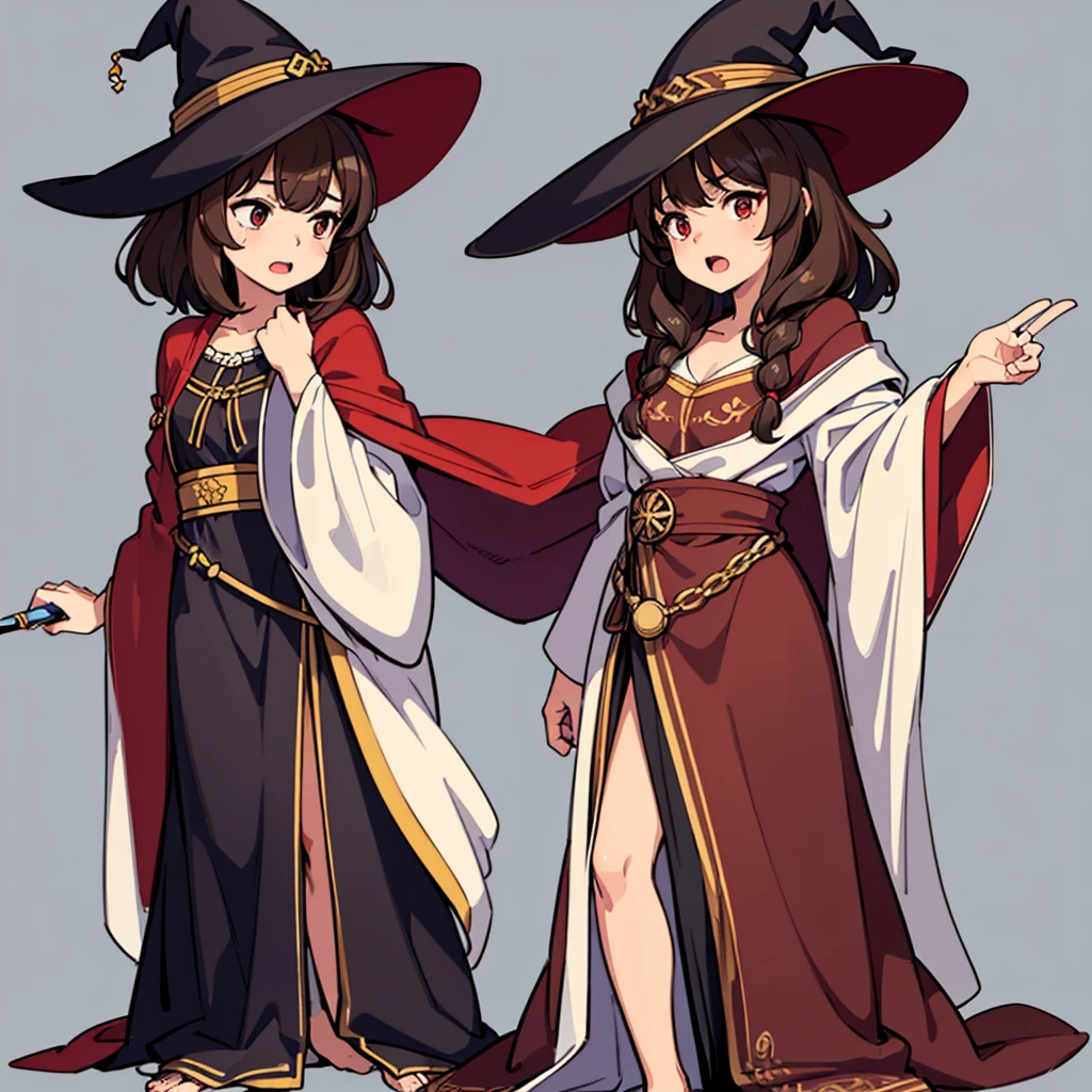 (((Solo)))、Highest quality, Best Quality,Best illustrations、(Brown Hair、Short Perm Hair、Wavy Hair、Short bangs、Align your bangs)、(Witch Hat、Brown simple robe)、(Magic wand)、(The magic of light、Use magic)、(White background)、(Mature 50 Year Old、Adult women、Red eyeshadow)、(Full body character concept、detailed)、(Full body character concept)、Run、(get annoyed、Open your mouth)