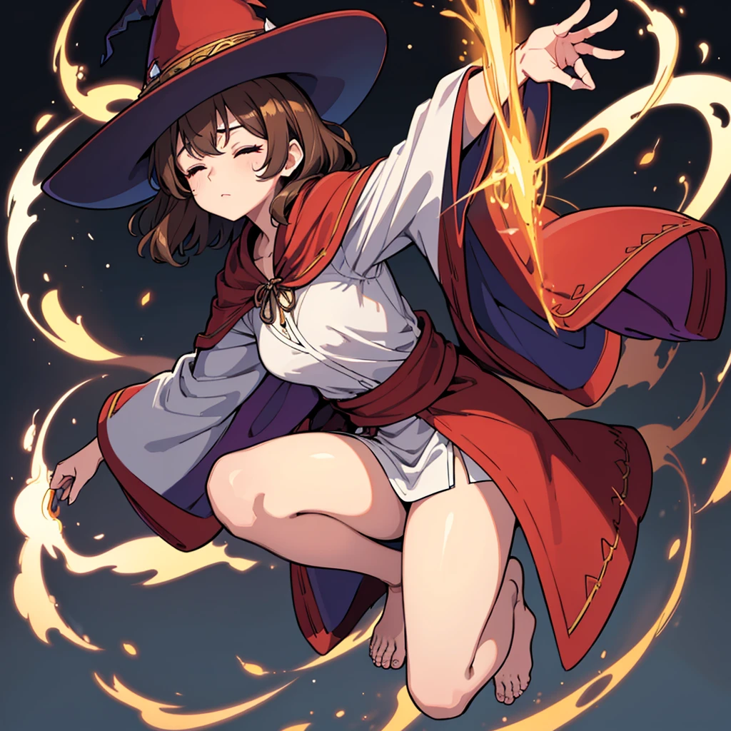 (((Solo)))、Highest quality, Best Quality,Best illustrations、(Brown Hair、Short Perm Hair、Wavy Hair、Short bangs、Align your bangs)、(Witch Hat、Brown simple robe)、(Magic wand)、(The magic of light、Use magic)、(White background)、(Mature 50 Year Old、Adult women、Red eyeshadow)、(Full body character concept、detailed)、(Full body character concept)、Run、(get annoyed、Close your eyes、Close your eyes)