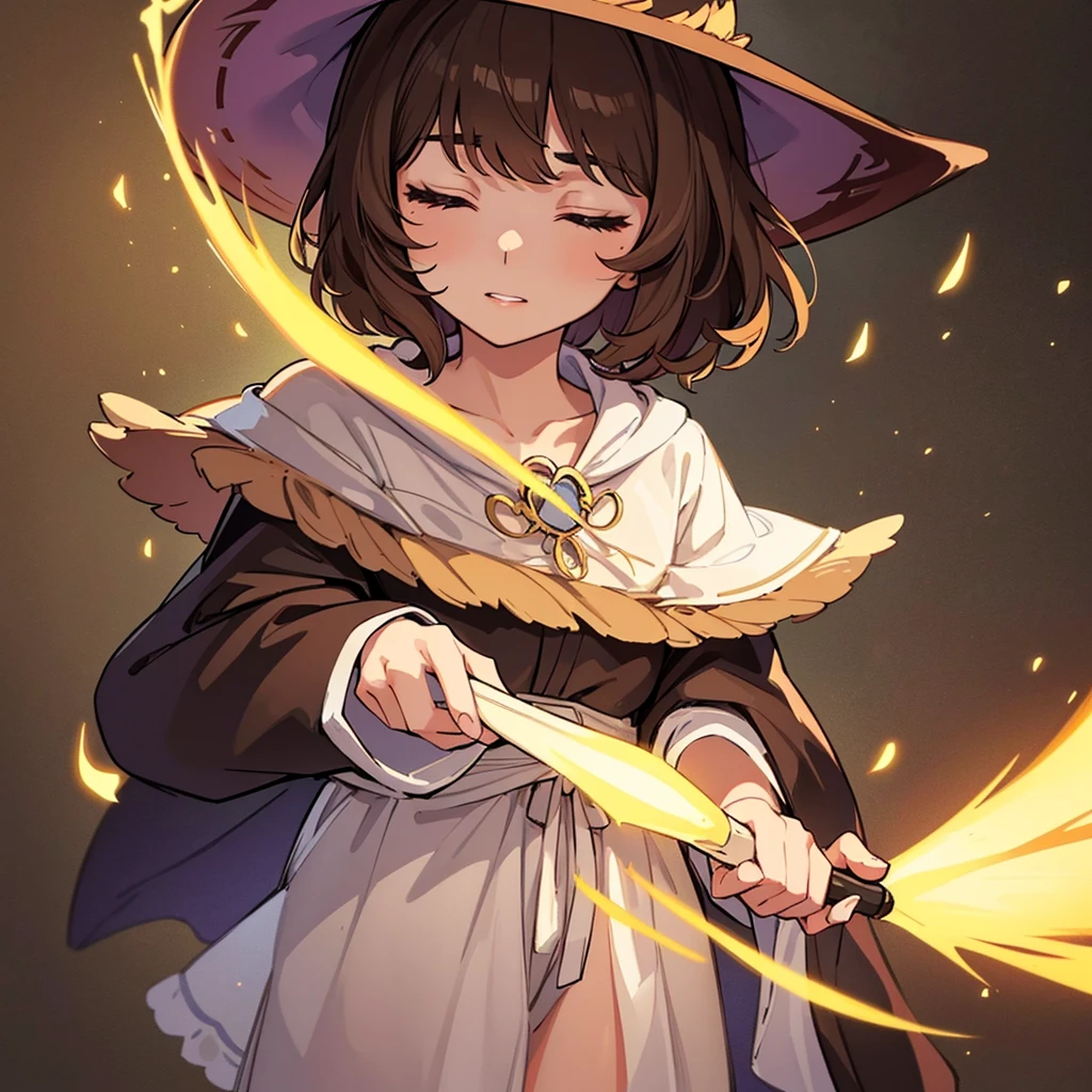 (((Solo)))、Highest quality, Best Quality,Best illustrations、(Brown Hair、Short Perm Hair、Wavy Hair、Short bangs、Align your bangs)、(Witch Hat、Brown simple robe)、(Magic wand)、(The magic of light、Use magic)、(White background)、(Mature 50 Year Old、Adult women、Red eyeshadow)、(Full body character concept、detailed)、(Full body character concept)、Run、(get annoyed、Close your eyes、Close your eyes)