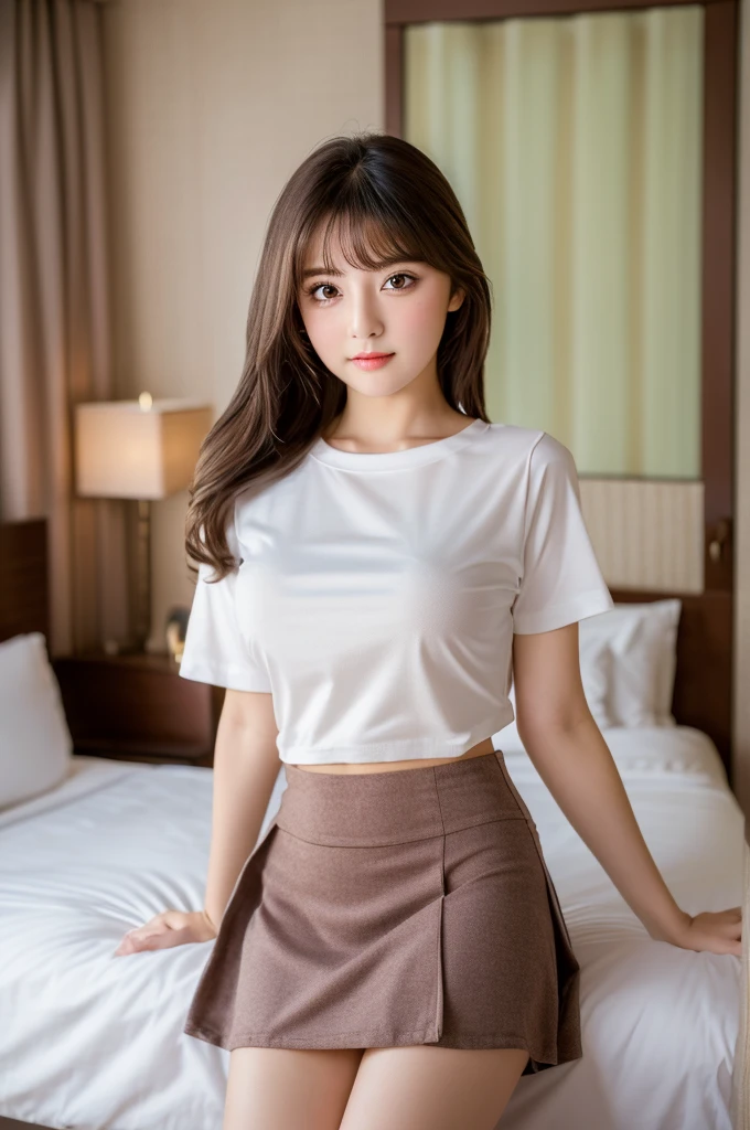 Highest quality, figure, Very detailed, Fine details, High resolution, 8K,wallpaper, (Detailed high quality, Realistic depiction of eyes,cute,Kind eyes,Childish:1.2), (Perfect plain T-shirt:1.2, Tight mini skirt),Large Breasts:0.8 Big Natural Color Lip, Bold sexy pose, (((9-year-old girl)))、(cuteタイプ、Lolita)、Beautiful feet, Hotel Rooms, Gravure idol pose, (Woman standing on top, Straddle, sit)