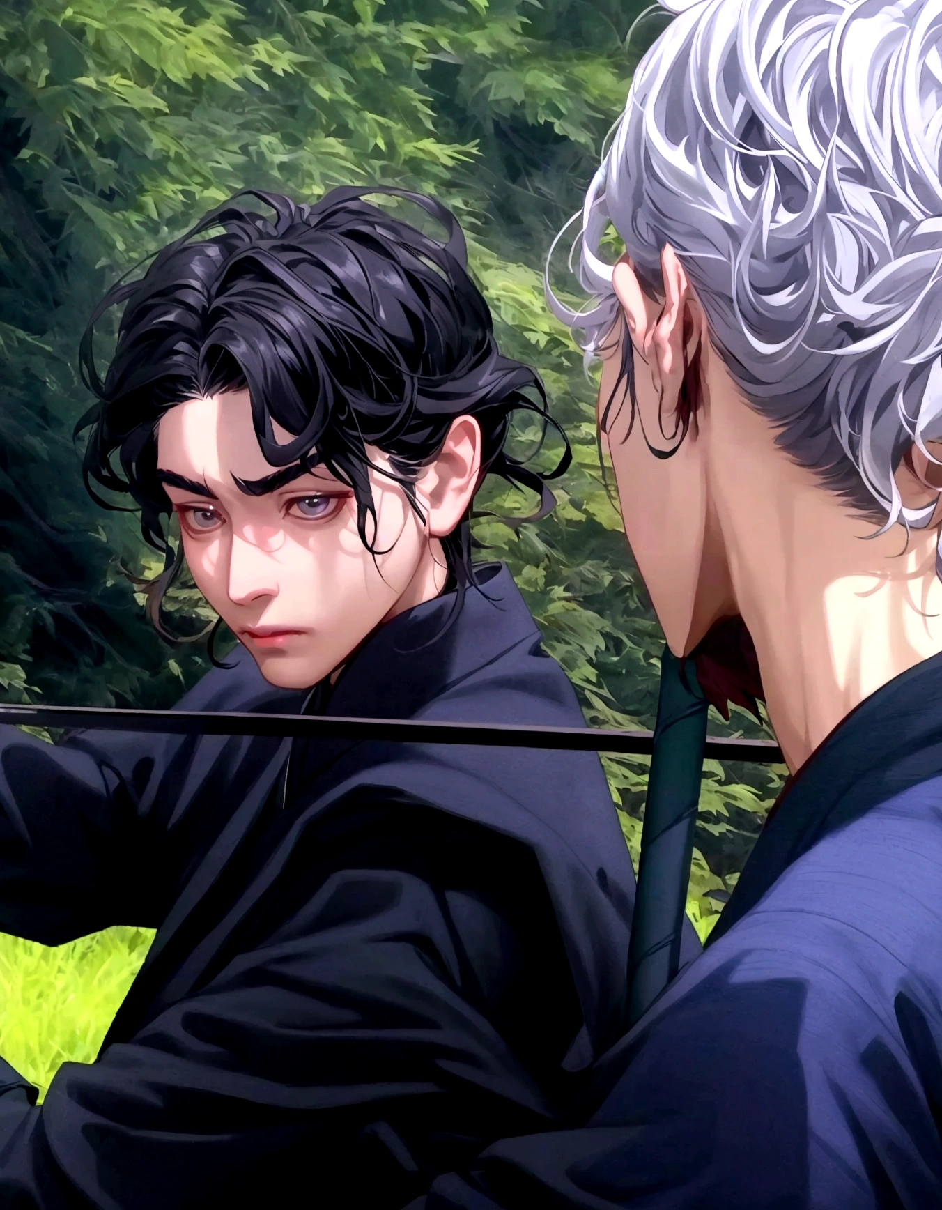 there are two men who are standing on the grass with a sword, cai xukun, still from a live action film, supper from live action movie, Japanese live action film, photoshoot, supper!!, cute japanese demon boy, he has dark gray hair, Live-action adaptation, miko, on set