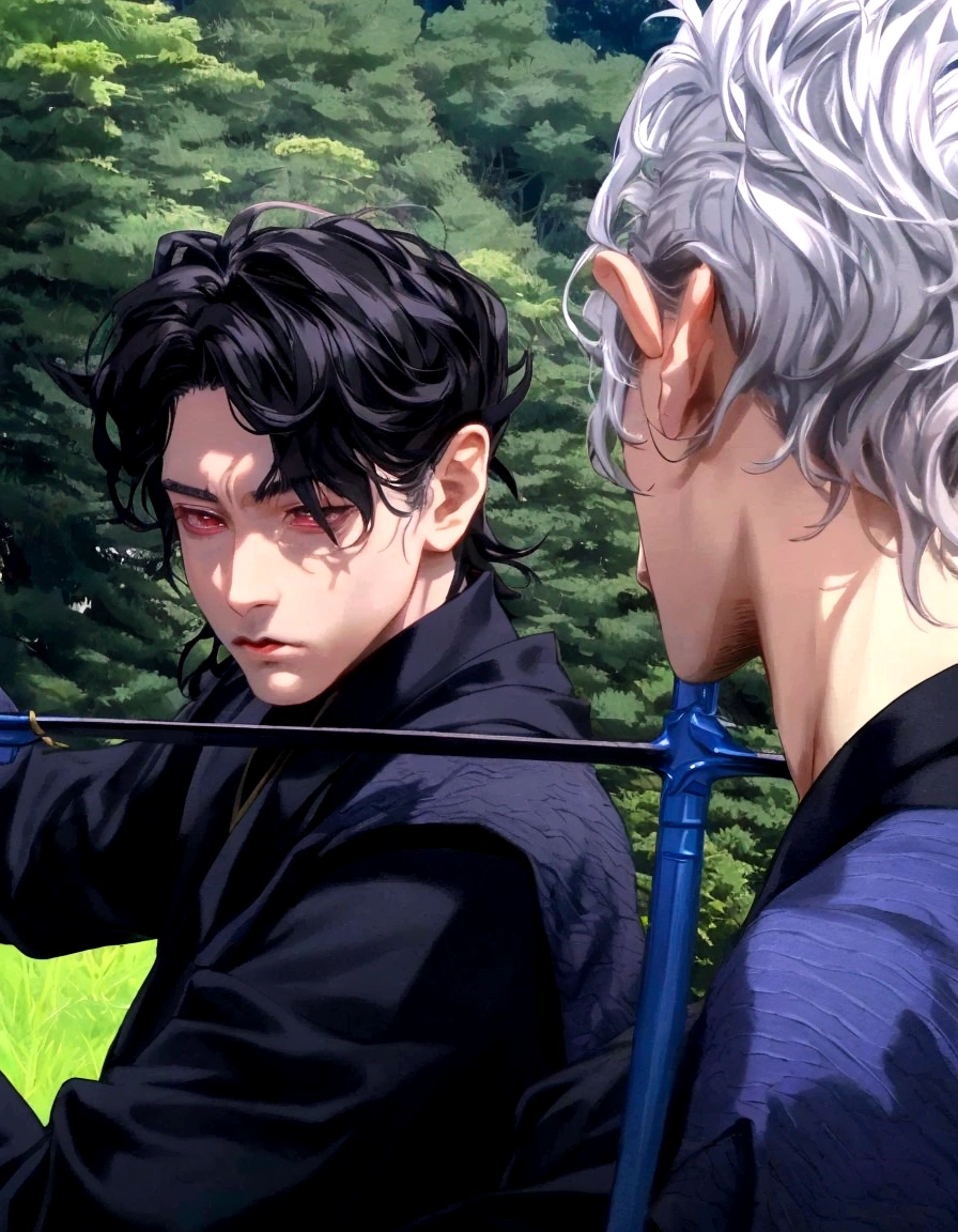 there are two men who are standing on the grass with a sword, cai xukun, still from a live action film, supper from live action movie, Japanese live action film, photoshoot, supper!!, cute japanese demon boy, he has dark gray hair, Live-action adaptation, miko, on set