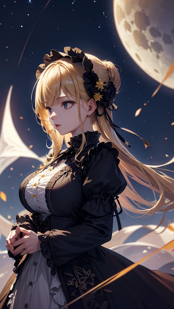 masterpiece, high quality, 4K, Beautiful design, silhouette，blonde， 非常に詳細な夜のStarry Sky,Flower Field， wonderful, Finer details,  Very knowledgeable woman, Highly detailed solo, 1 female,Big Breasts，Gothic Lolita Fashion，Night view，Starry Sky，full moon，