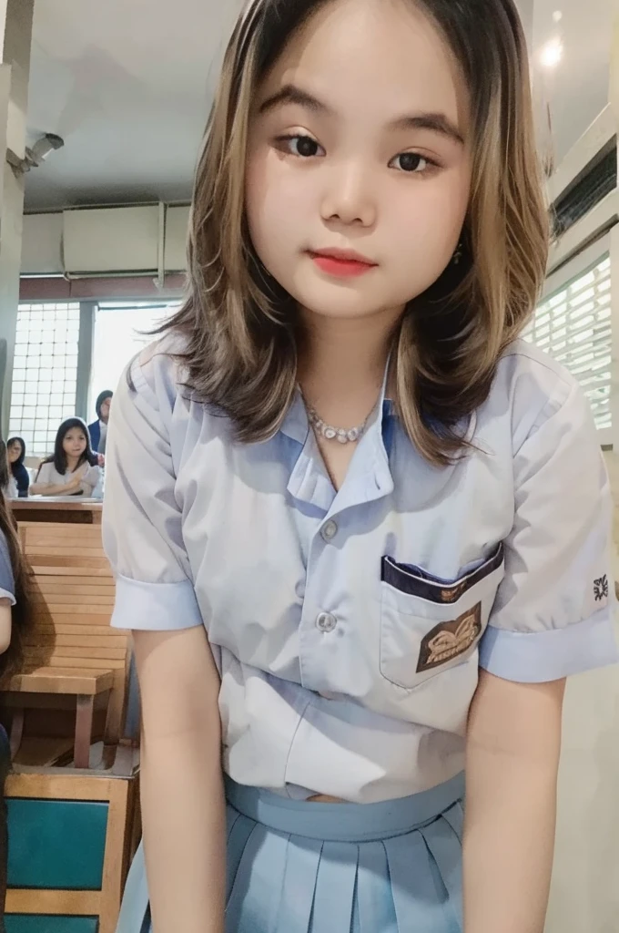 RAW, Best quality, high resolution, masterpiece: 1.3), Beautiful young indonesian girl with long wavy hair, on the stage of a nightspot ((senior high school clothes)), white shirt, grey skirt, highres, 4k, HDR, 1girl, photorealistic, realistic, small breasts, long wavy hair, ((whole body)) turning away facial at viewer, closeup, public clubbing background