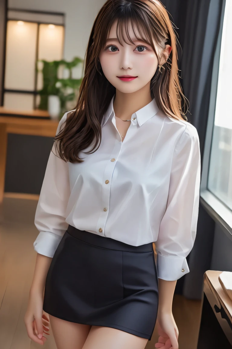 Highest quality, (beautiful)、White Business Shirt、Black Mini Tight Skirt