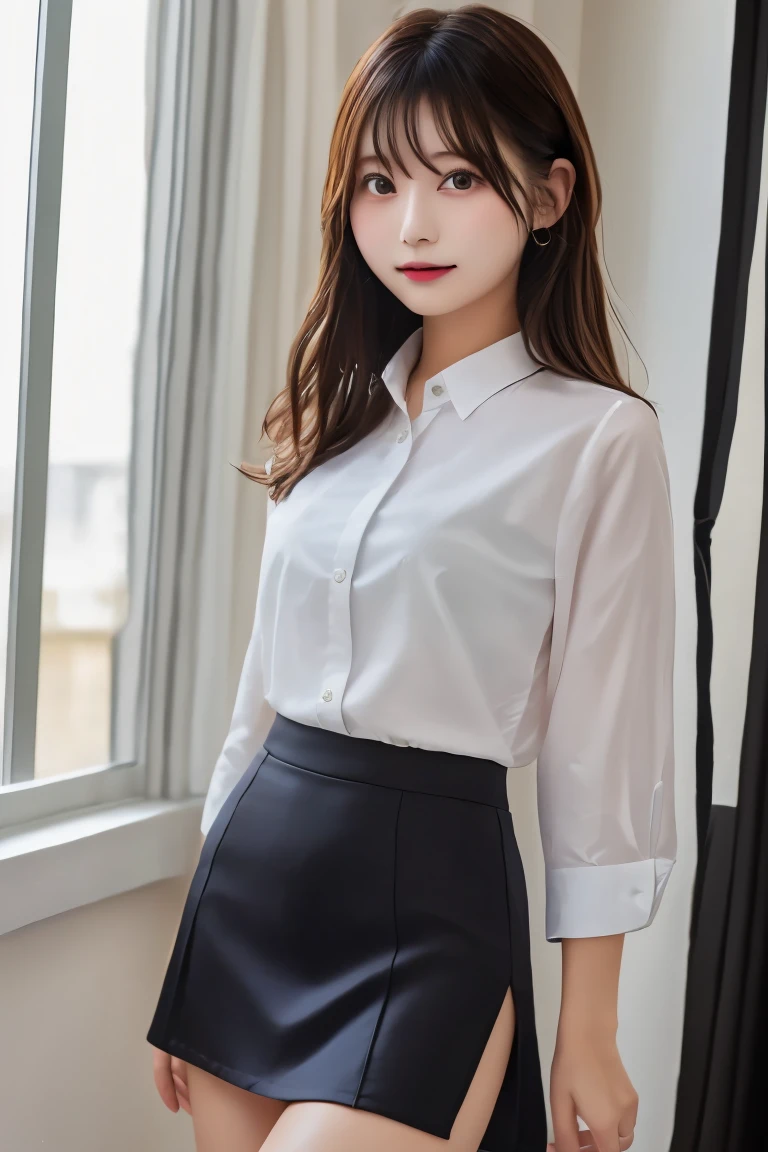 Highest quality, (beautiful)、White Business Shirt、Black Mini Tight Skirt