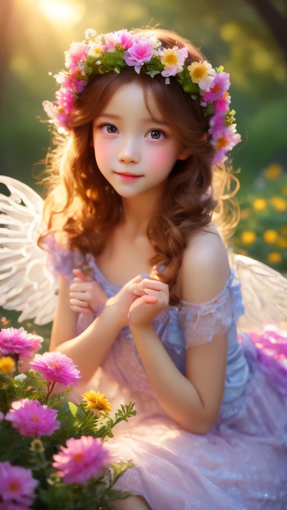 masterpiece、highest quality、8K、realperson、Realistic、Very detailed CG、shiny skin、Fully Focused、skyline、The Glory of God、shining brightly、Angel、blessings、happiness、 baby angel wings lots of flowers wearing a flower dress flower crown on head