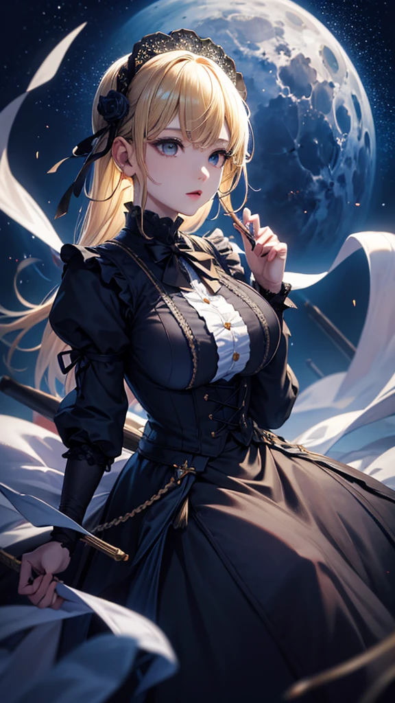masterpiece, high quality, 4K, Beautiful design, silhouette,blonde, 非常に詳細な夜のStarry Sky,Flower Field, wonderful, Finer details, Very knowledgeable woman, Highly detailed solo, 1 female,Big Breasts,Gothic ta Fashion,Night view,Starry Sky,full moon,
