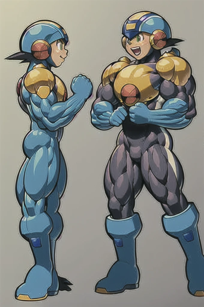 blue boots , yellow shoulder pads, blue helmet , brond hair , green eyes, blue suit, 1 boy, full body, masculine, muscular, happy, megaman, megaman. exe , pokkuti  ,muscle , bodybuilder  ,hypermuscle , human , Boy , male , pecs 