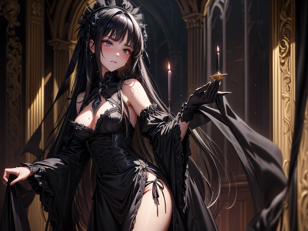 Always detailed face, Perfect lighting, Extremely detailed CG, (Perfect hands, Perfect Anatomy),Very detailed,　Long Hair Straight Hair、Dark Gothic Makeup、Dark smile、Restless Palace、Expression of sexual arousal、The beauty of fragrance、22 years old、liar、charm、Embarrassed look、Dark Gothic、Maid clothes、Bell Sleeves、Wizard Sleeve、Obscene language、Stained Glass Background、Tabletop、Highest quality、Sweat glistens on my chest、Drunk face、Maid clothes不思議な、Noble、Gothic Fashion、The body is wet and shiny、I&#39;m sweating a lot、Large Breast Size、Loving smile、Twin tail hair、Platinum Blonde Hair、Jet black frill skirt、Shadow、Gothic bed covered with roses、Transcendental Enchantment is temporarily disabled、A pause in crawling、charm的な脚、Knee-high socks、Thigh-high socks、lace trim bra, lace trim panties, Pink Lingerie, Lace-trimmed legwear, Black lace, Side tie panties, satin panties, garter belt, Good elevator, 　The whole body is covered in oil and has a glossy appearance.　Steam is coming out of my whole body　Steam like a sauna room fills the screen..　White breath from the mouth