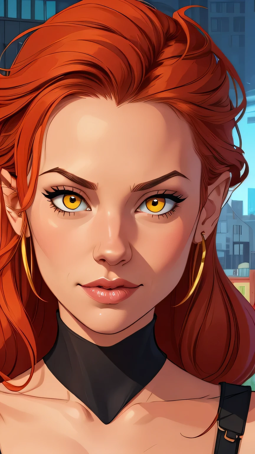 (cartoon style:1.2), Yvonne Strahovski, Cartoon image of a woman, sexy clothes, super cute girl, authoritarian would be facial expression, cartoon style illustration, cartoon art style, digital illustration style, high detailed character design, cute detailed digital art, City fan art, character design portrait, beautiful digital illustration, high quality portrait, comic art, character design portrait, medium breasts, red hair, yellow eyes, pointed ears